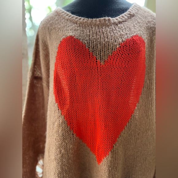 Wildfox Mocha Oversized Knit Shredded Detail Heart Accent Pullover Sweater - Picture 3 of 10